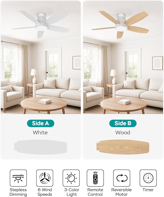 Ceiling Fans with Lights, 42 inch Ceiling Fans with Lights and Remote, Dimmable, Noiseless, Low Profile Ceiling Fan with Light for Bedroom, Indoor and Outdoor Use(White)