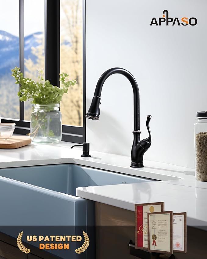 APPASO Oil Rubbed Bronze Kitchen Faucet with Soap Dispenser, Stainless Steel Kitchen Faucet with Pull Down Sprayer 3-Function High Arc Single Handle Bronze Kitchen Sink Faucet