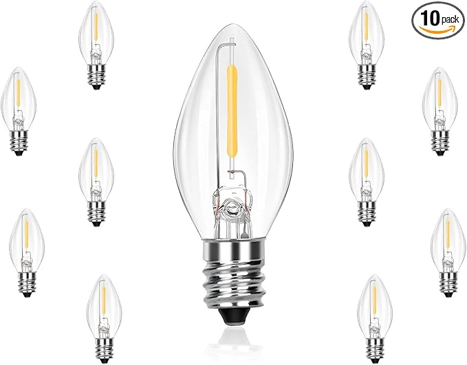 C7 LED Replacement Christmas Light Bulbs, 10 Pack Clear Shatterproof Halloween Bulbs for Outdoor String Lights, Xmas Tree Patio Porch Holiday Party Decor, E12 Candelabra Base, Warm White