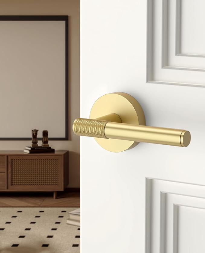 Asidrama 4 Pack Passage Gold Door Knob with Lock, Brushed Gold Door Handles Interior for Bedroom or Bathroom, Heavy Duty Door Lever with Reversible Interior Door Handle for Left Right Sided Doors