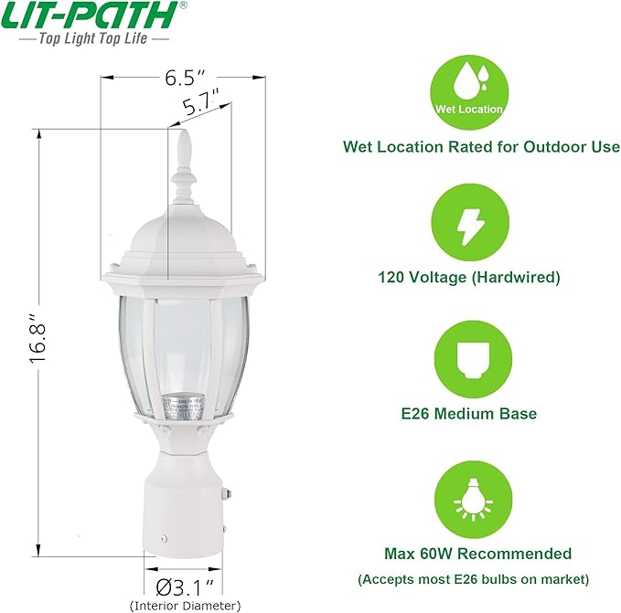 LIT-PaTH Dusk to Dawn Outdoor Post Lighting Fixture Pole Lantern, E26 Medium Base Max 60W, Aluminum Housing Plus Glass, Bulb Not Included (White, 2-Pack)