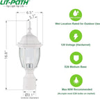 LIT-PaTH Dusk to Dawn Outdoor Post Lighting Fixture Pole Lantern, E26 Medium Base Max 60W, Aluminum Housing Plus Glass, Bulb Not Included (White, 2-Pack)