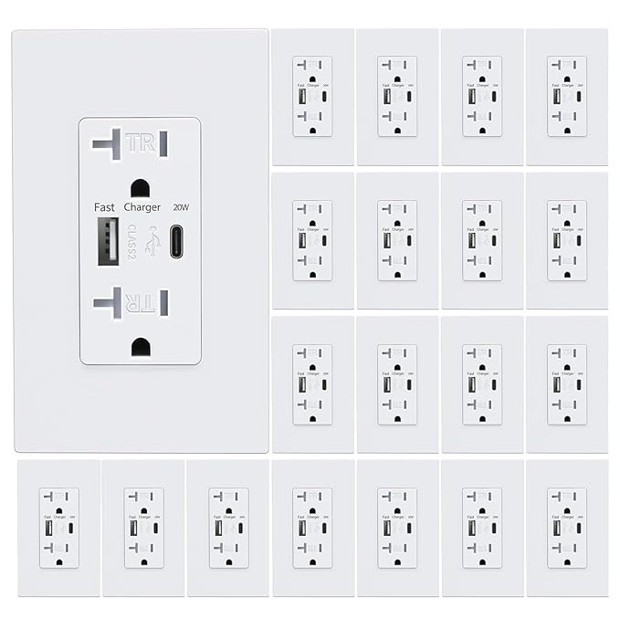 USB Wall Outlet, Charger Outlets Receptacles with 4.2A USB C Ports, 20 Amp Duplex Tamper Resistant Receptacle Plug with Electrical Outlet, Wall Plate Included, ETL Listed，White, 20 Pack