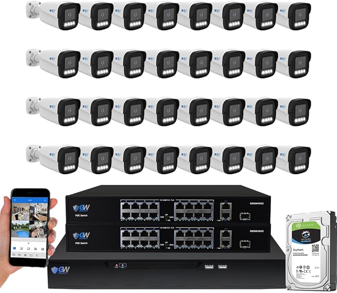 GW Security UltraHD 4K Face Recognition Two-Way Audio 32 Channel Security Camera System with 32 x 8MP Real-Time Full Color Night Vision Outdoor & Indoor AI PoE Bullet Cameras, NDAA & TAA Compliant