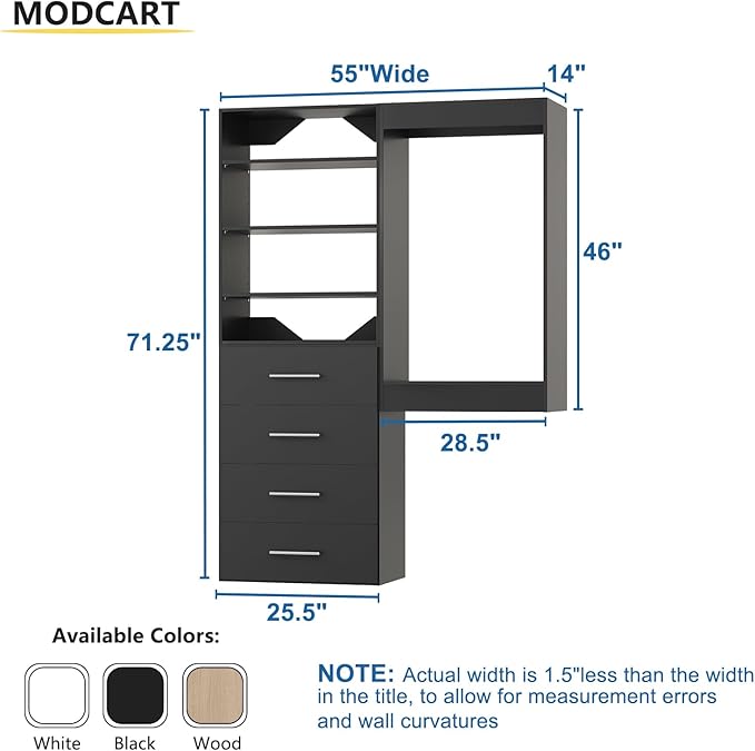 Modular Closet System, 55" Wide Organizer With Tower and Drawers, Wood Storage for Walk In Closets, Wall Mounted Wardrobe Kit, Bedroom, Black