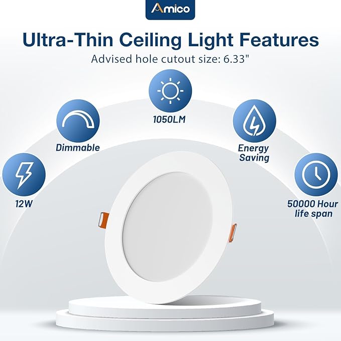 Amico 24 Pack 6 Inch 5CCT Ultra-Thin LED Recessed Ceiling Light with Junction Box, 2700K/3000K/3500K/4000K/5000K Selectable, 1050 Lumens, Dimmable Canless Wafer Downlight, 12W Eqv 110W-ETL&FCC