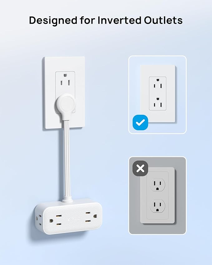 TROND Outlet Extender with 6 Inch Cord, Flat Plug Adapter for Inverted Sockets, 4 Electrical Sockets, 4 USB Ports, Multi Plug Wall Outlet for Home Travel, Cruise Ship Essentials, White