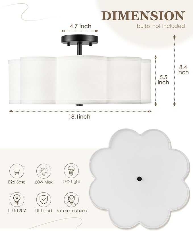 Black Semi Flush Mount Ceiling Lights, 4-Light 18" Ceiling Light Fixtures with Fabric Shade in Flower Shape, Farmhouse Drum Lighting for Nursery Bedroom Kitchen, AD-22009-4SF-BK