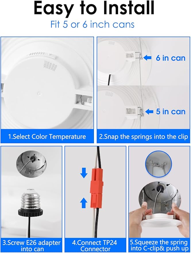 Energetic 24 Pack 5/6 Inch 5CCT Retrofit Recessed Ceiling Lighting, LED Can Lights, Dimmable Downlight, 12.5W, Equivalent 100W, 2700K/3000K/4000K/5000K/6500K Selectable, Damp Rated, Baffle Trim, ETL