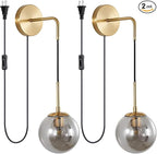 KCO Modern Globe Wall Sconce with Plug in Industrial Vintage Wall Lamp On/Off Switch Adjustable Minimalist 1-Light Mounted Reading Lamps for Bedroom Living Room Corridor(Smoke Gray & 2-Pack)