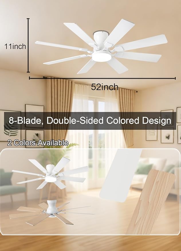 52 inch Ceiling Fan with Light, 6 Speeds Reversible Low Profile Ceiling Fan with Light and Remote/APP Control, 3 Color Temp+Dimmable RGB, 8 Blades, Flush Mount Quiet Ceiling Fans, White