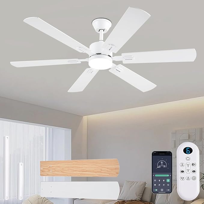 56inch Modern White Ceiling Fans with Lights and Remote/App Control, Dimmable LED, Reversible DC Motor, Noiseless, 6 Double-side Blade Low Profile Ceiling Fan for Livingroom Indoor/Outdoor Use