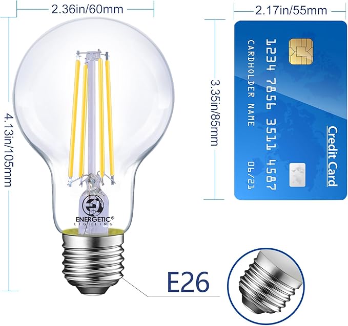 Energetic Dimmable LED Filament Light Bulbs, 8W, 60 Watt Equivalent, Cool White 4000K, Classic Clear Glass, A19 LED Light Bulb, 12 Pack