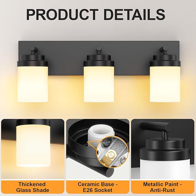 IZORRO Bathroom Vanity Light Fixture, 3-Light 22 Inch Matte Black Bathroom Light Fixtures Over Mirror, with White Glass Shade, Modern Farmhouse Vanity Lights, Rustic Restroom Lighting Fixtures