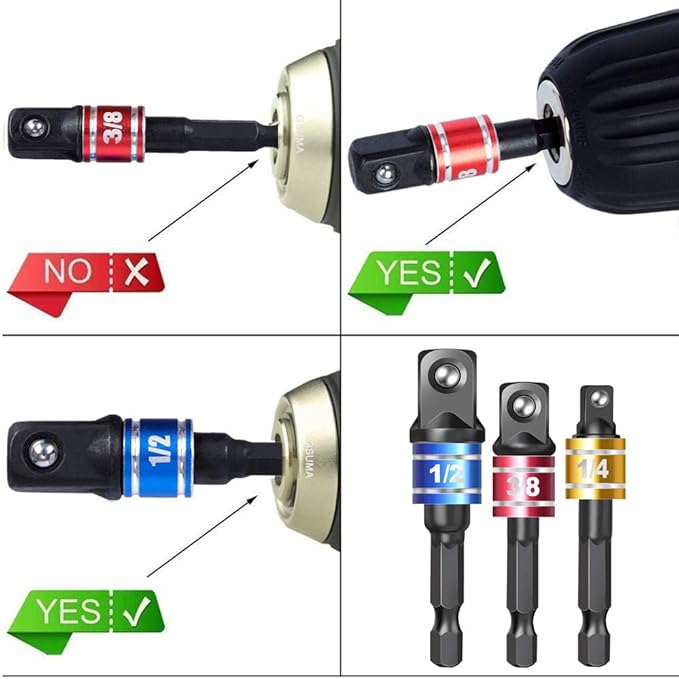 Socket Adapter Set, 1/4-Inch Hex Shank to 1/4, 3/8, 1/2-Inch Square Drive, 3-Piece Impact Grade Drill Bit Holders, Black