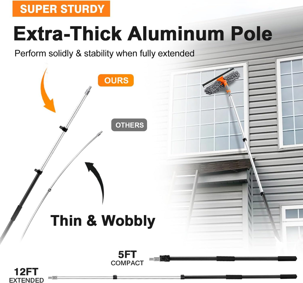 20 Ft High Reach Window Squeegee with 5-12Ft Extra-Thick Aluminum Telescopic Extension Pole| 14" Extra-Large 2-in-1 Window Cleaner Tool| Window Washer for Indoor/Outdoor Window,RV,Truck Glass