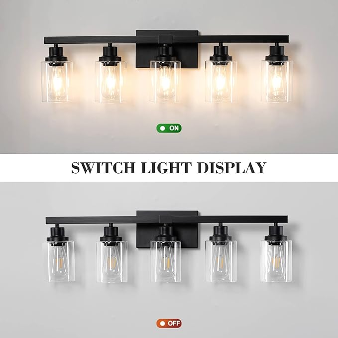 5-Light Black Bathroom Vanity Light, Modern Vanity Lighting Fixture for Bathroom, 31" Matte Light Fixture, Wall Sconces with Clear Glass Shade, Black Bathroom Wall Light Over Mirror