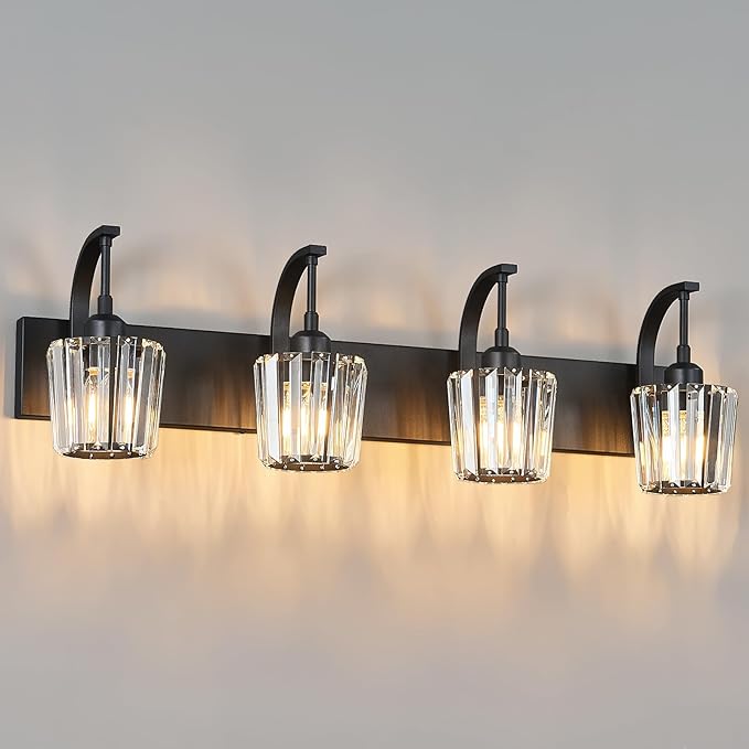 Modern Bathroom Vanity Light, 4-Light Black Wall Sconce with Crystal Accents, Over Mirror Bathroom Lighting Fixture, 32.67" Long Dimmable Vanity Lamp for Makeup, Easy Installation