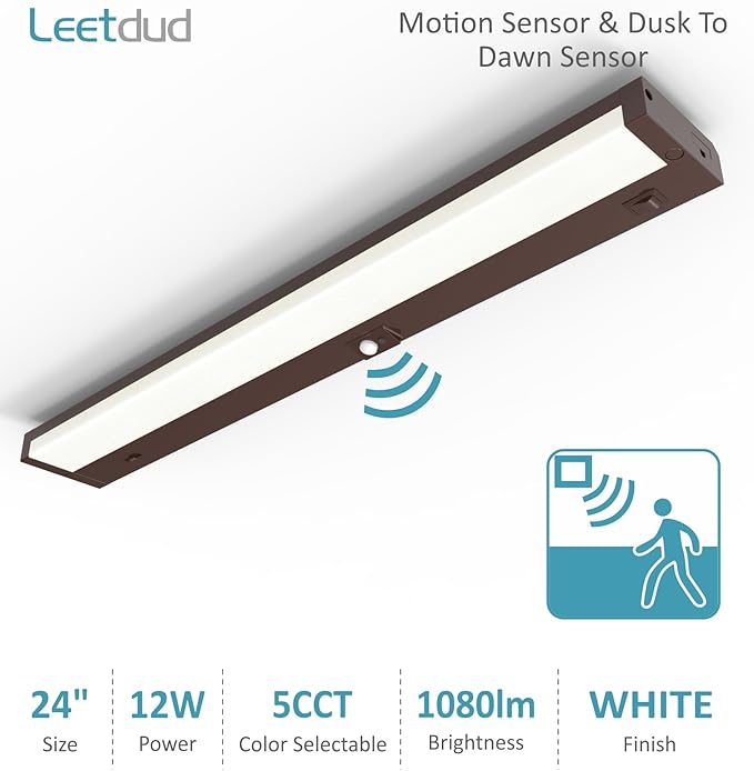 Under Cabinet Lighting Motion Sensor Hardwired, 24 Inch 12W Dimmable, 5 CCT 2700/3000/3500/4000/5000K, Eyes Care Design Linkable Under Counter Lights for Kitchen, Sink, ETL Listed, Bronze