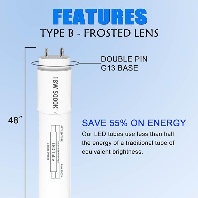 25 Pack, T8 Led Bulbs 4 Foot 18W, Type B Ballast Bypass, 48 inch Led Bulbs Replacement for F32T8, F20T10, F40T12 Fluorescent Tubes Light Bulb, Dual Ended Power Input, 5000K 2300lm