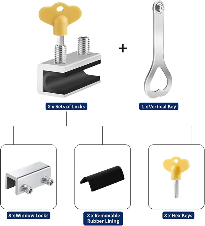 RELIANCER 8 Sets Sliding Window Locks,Aluminum Security Door Window Stoppers,Adjustable Safty Windows Lock for Horizontal & Vertical Fenster Doors,Child Proof Slider Windows Blocker for Home Safety