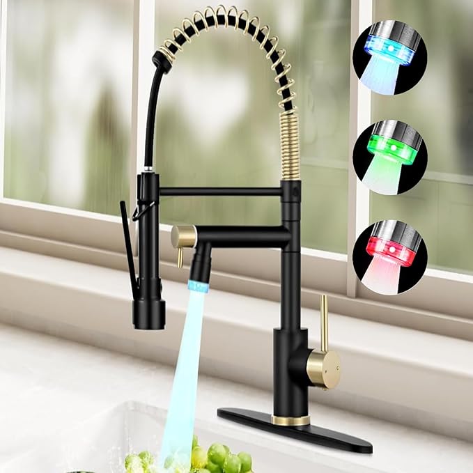 Smart Kitchen Faucet, 3 Modes Pull Down Sprayer, LED Temperature Control, Ceramic Valve,360-Degree Rotation,1 or 3 Hole Deck Plate, Double Spout. 10-Year Warranty. (KW-21RK, Gold/Black)