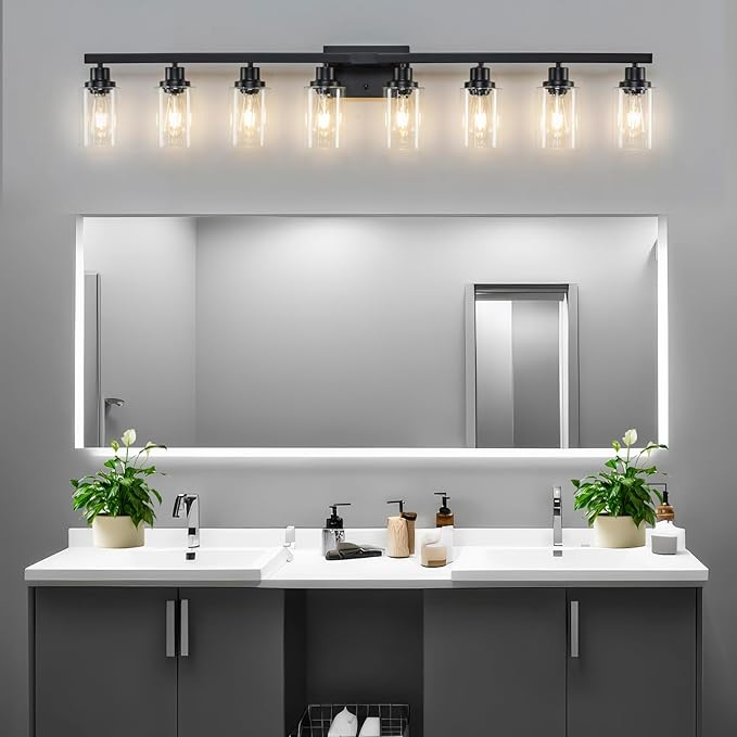 8 Light Bathroom Vanity Lights Over Mirror, 52inch Black Vanity Lights Fixtures Matte Black Modern Vanity Lights Black Bathroom Wall Lighting for Mirror Bedroom,Living Room