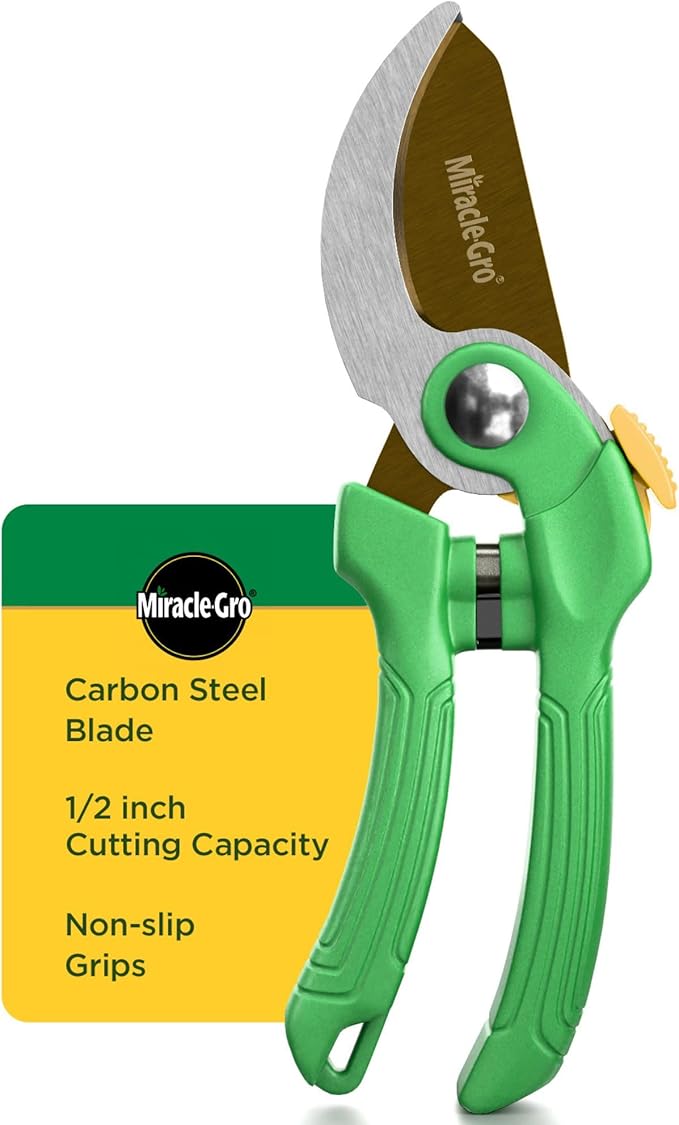 Miracle-Gro 8 in. Bypass Pruning Shears – 1/2 in. Cutting Capacity; Gardening Hand Pruner with Sharp Carbon Steel Blade and Non-Slip Grip – Lightweight Garden Tool for Live Plants and Soft Stems