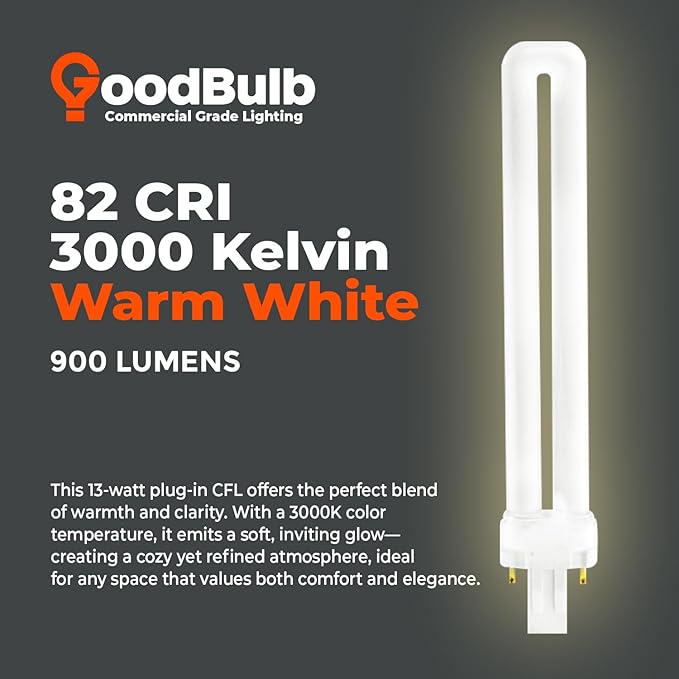 GoodBulb 13 Watt CFL Light Bulbs | 2 Pin GX23 Base 3000K Warm White | 13W High Output 800 Lumens | Single Tube Compact Fluorescent Light Bulbs Plug-in | 10 Pack