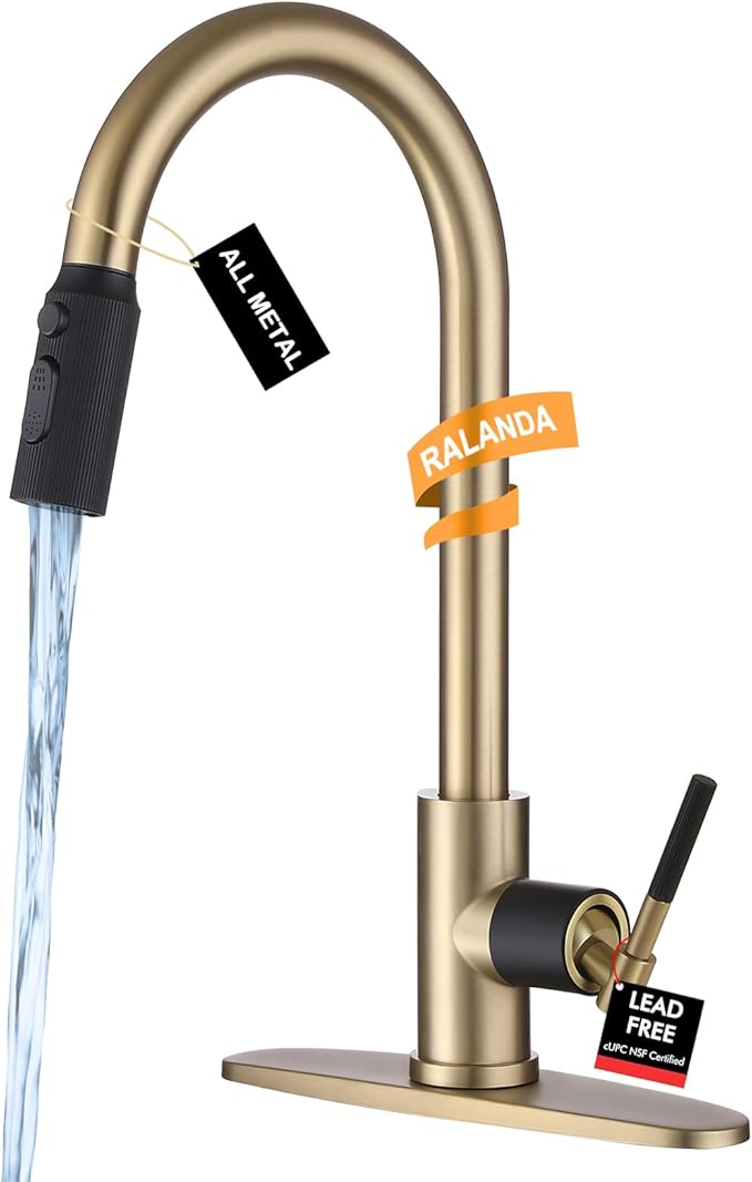 Brushed Gold Pull Down Kitchen Faucet -Modern High Arc Single Handle Kitchen Sink Faucet with Sprayer，Stainless Steel Rv Sink Faucet ，Fit for 1/3 Hole with 10" Deck Plate