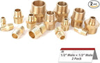 Hex Couplings, 1/2" NPT Male To Male Brass Hex Nipple Adapters, Brass Pipe Extension Fittings for Oil/Air/Water/Gas Systems. (2 Pack)