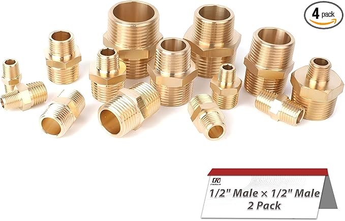 Hex Couplings, 1/2" NPT Male To Male Brass Hex Nipple Adapters, Brass Pipe Extension Fittings for Oil/Air/Water/Gas Systems. (4 Pack)