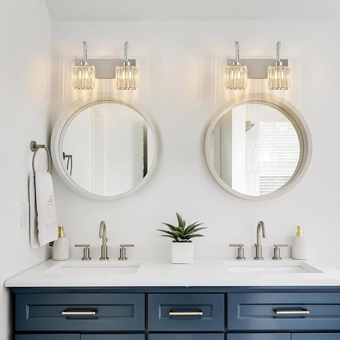 Crystal Vanity Lights 2-Light Chrome Wall Lamp Modern Crystal Bathroom Light Fixtures Over Mirror 13.77" Long Bathroom Wall Sconce