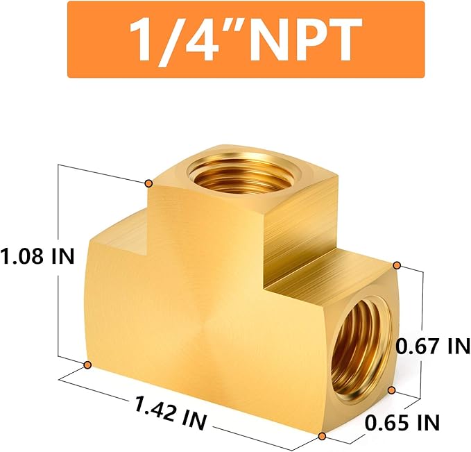 GASHER 3 Pcs Brass Barstock Tee, 1/4" x 1/4" x 1/4" NPT Female Pipe Fittings