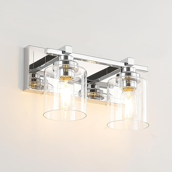 2 Light Modern Bathroom Light Fixtures Over Mirror, Chrome Vanity Lights for Bathroom Wall Sconces with Clear Glass Shades, E26 Socket (Bulbs Not Included)