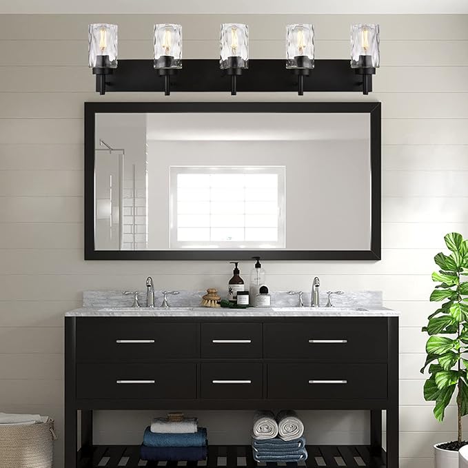 BONLICHT Modern Bathroom Lighting Over Mirror 5-Lights Rustic Bath Vanity Wall Mounted Light Fixtures Black Farmhouse Wall Sconce Lamp with Clear Hammered Glass Shade for Kitchen Living Room Hallway