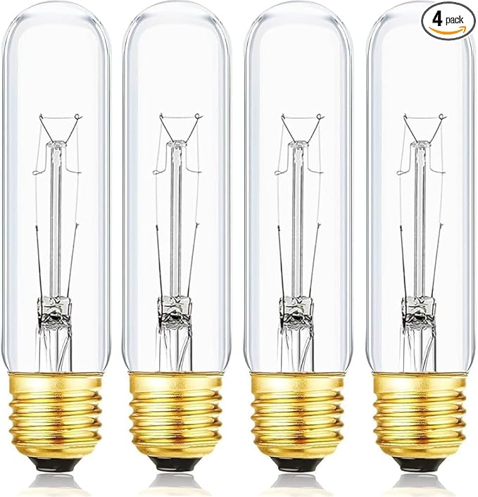 25 Watt T10 Clear Tubular Incandescent Light Bulb, Vintage Style Showcase Bulb,Showcase lamp, 2700K Soft White, E26 Medium Base, 280 Lumens,T10 Tubular Bulb (4PACK)