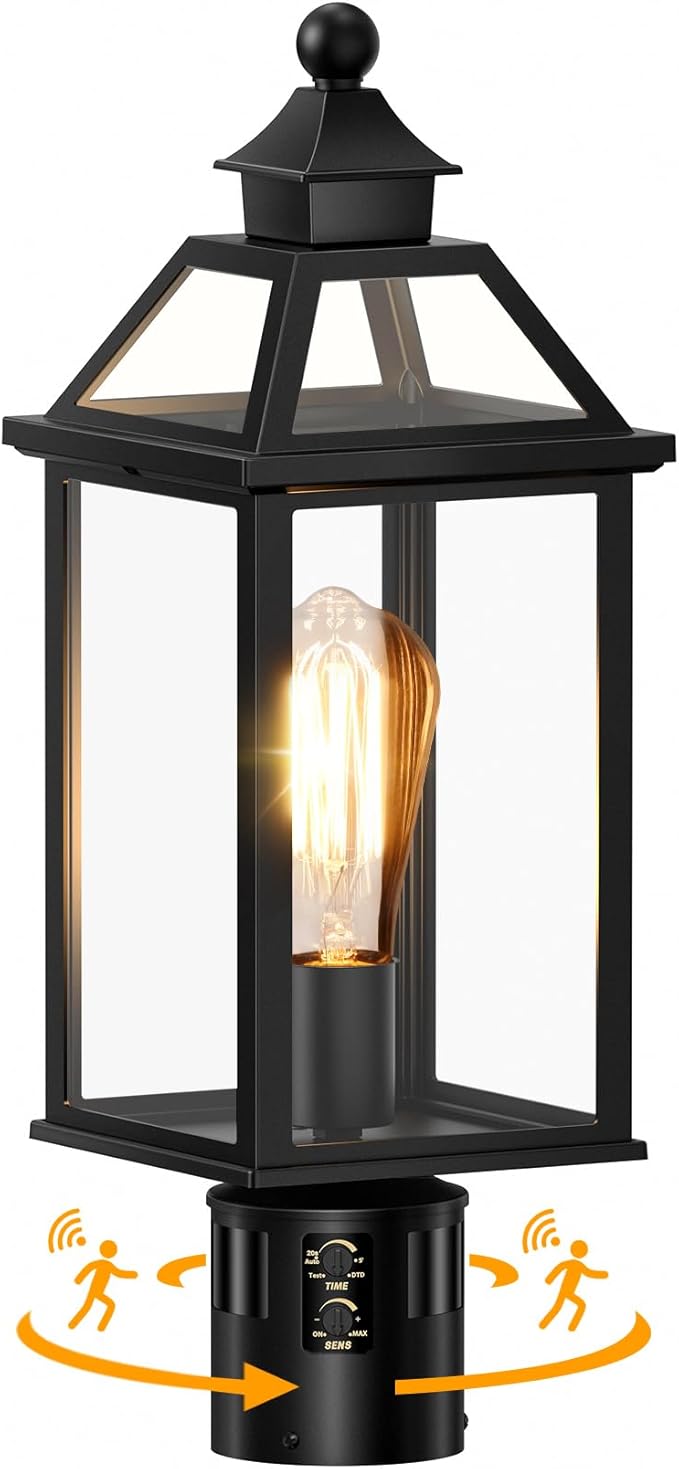 18.5" Motion Sensor Outdoor Post Lights, 360° Detection Lamp Pole Light Fixture 4 Lighting Modes, Large Waterproof Aluminum Outside Exterior Lantern for Garden, Porch, Pathway, (Black)