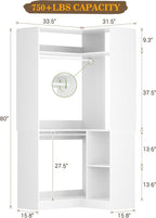 Aheaplus Corner Closet System With Shelves, 34'' Organizer With Hanging Rods, Wood Walk-in for Small Space, Freestanding Tower, L Shaped Garment Rack, White