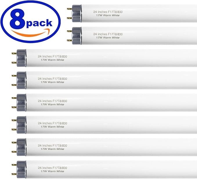 24 inch F17T8/830 17 Watts Light Bulb Warm White, 2 Foot Straight Fluorescent Tube T8 Tube Light F17T8/WW, 1500 Lumen G13 Medium Bi-Pin Cap 8 Pack