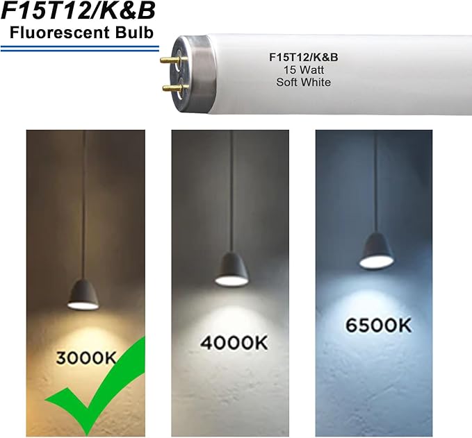4 Pack F15T12/K&B Soft White 15W T12 Linear Fluorescent Bulb,Replacement for GE10185 Philips 141465 F15T12/WW,G13 Medium 2-Pin Base 18 Inches