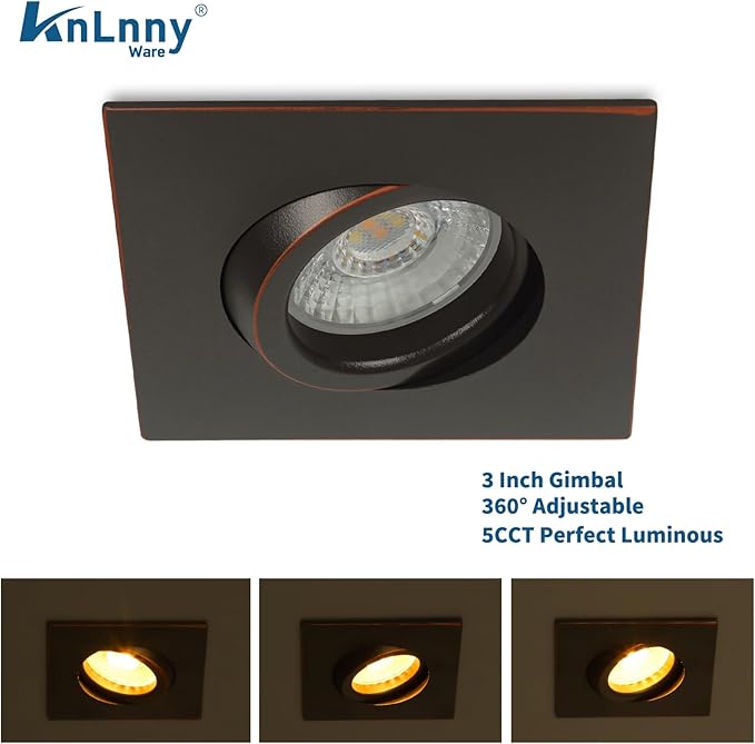 Square Bronze Recessed Lighting 3 Inch 6 Pack, Ajustable Eyeball recessed Light with Junction Box,5 Color Selectable,Airtight,9W 750LM,Dimmable,Bronze