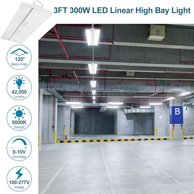 High Bay LED Shop Light 300W 42000LM 5000K 100-277V Dimmable, 3FT Commercial Grade Linear Bay Lights for Warehouse Workshop Supermarket Stadium, Power Tunable 300W/220W/165W, ETL 2 Pack