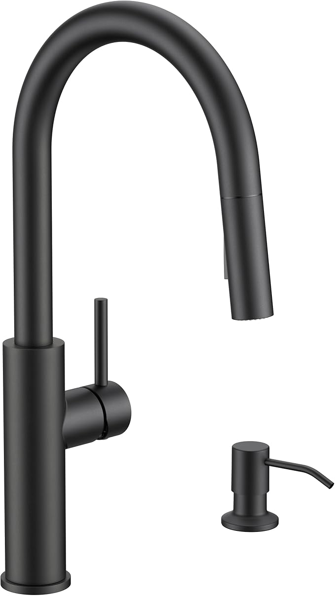 FORIOUS Kitchen Faucet with Soap Dispenser, Modern Matte Black, Single Handle High Arc Stainless Steel Kitchen Sink Faucet with Pull Down Sprayer, 1 or 3 Hole Deck Mount for RV, Laundry, Outdoor