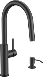 FORIOUS Kitchen Faucet with Soap Dispenser, Modern Matte Black, Single Handle High Arc Stainless Steel Kitchen Sink Faucet with Pull Down Sprayer, 1 or 3 Hole Deck Mount for RV, Laundry, Outdoor