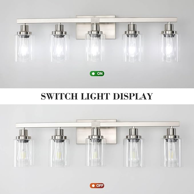 Bathroom Vanity Light, 5-Light Nickel Modern Matte Wall Sconce Lighting with Clear Glass Shade, Wall Lights,Bath Vintage Wall Mounted Lamps for Mirror Bedroom Living Room