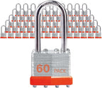 Lock Outdoor Padlocks, Key Lock, Padlocks with Same Key - Laminated Steel Keyed Padlocks with Long Shackle, 60 Pack, for Hasp Latch, Sheds, Fences, Storage Locker, School, Gym