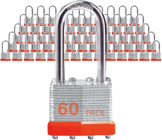 Lock Outdoor Padlocks, Key Lock, Padlocks with Same Key - Laminated Steel Keyed Padlocks with Long Shackle, 60 Pack, for Hasp Latch, Sheds, Fences, Storage Locker, School, Gym