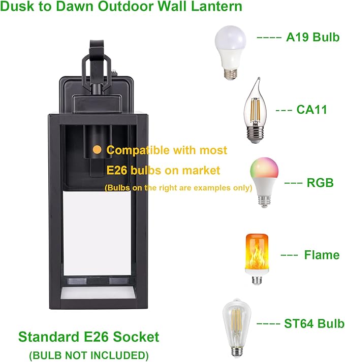 LIT-PaTH Dusk to Dawn Outdoor Wall Lantern, Wall Sconce as Porch Lighting Fixture, E26 Medium Base Max 60W, Anti-Rust Metal with Glass Shade, Black, 1-Pack