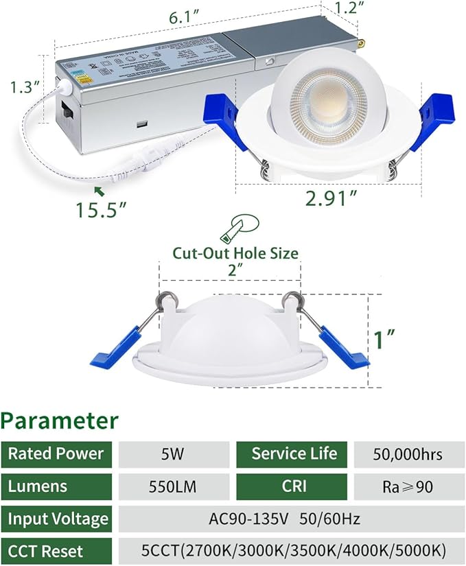 zouzai 2 Inch Adjustable Mini LED Gimbal Light, 5CCT Selectable, 360° Rotation & 90° Tilt for Precise Lighting, Accent or Ambient Illumination in Kitchen, Living Room, Cabinet (White, 12 Pack)